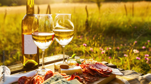 Picnic with white wine served outside with cheese and charcuterie, sunset light