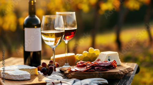White wine with cheese and meats, summer picnic
