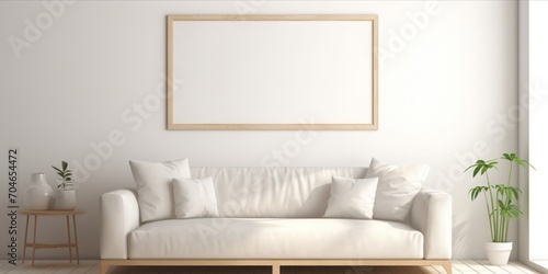 Modern Elegance  A Minimalistic Living Room Mockup Featuring an Empty Picture Frame Against a Crisp White Wall  Perfect for Showcasing Contemporary Interior Design