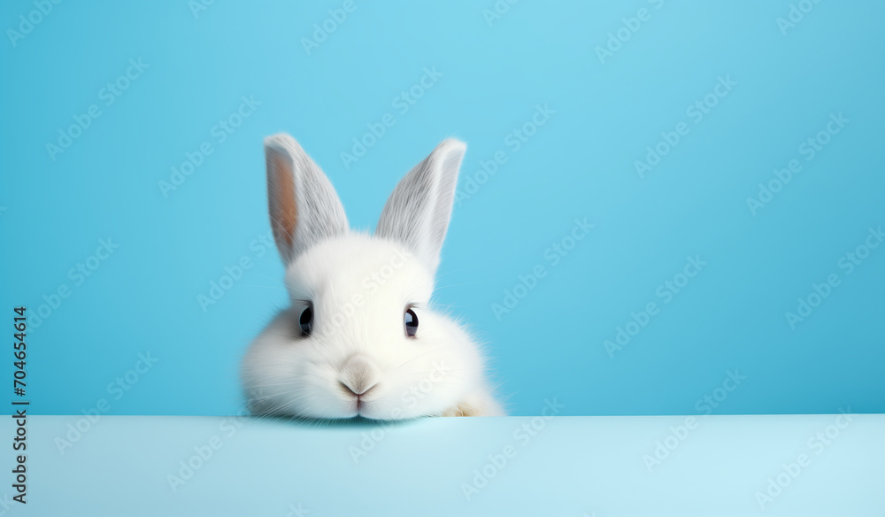 Obraz premium A cute white rabbit on a blue background
