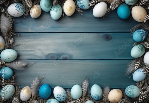 A frame of easter eggs on a blue wooden background