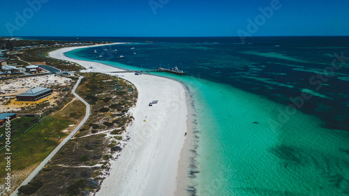 Stunning aerial view of the clear turquoise ocean and white sandy beach in Lancelin town - Western Australia