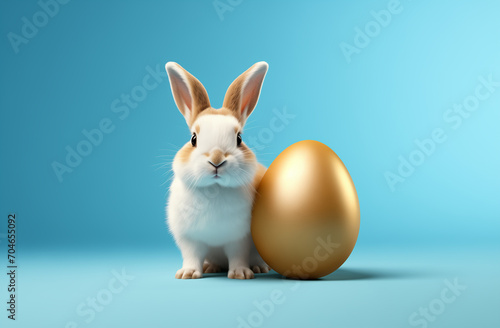 Adorable bunny with a golden easter egg on a blue background