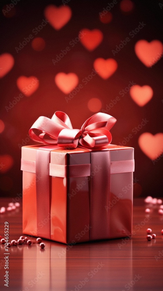 Gift box with red bow on red bokeh background.