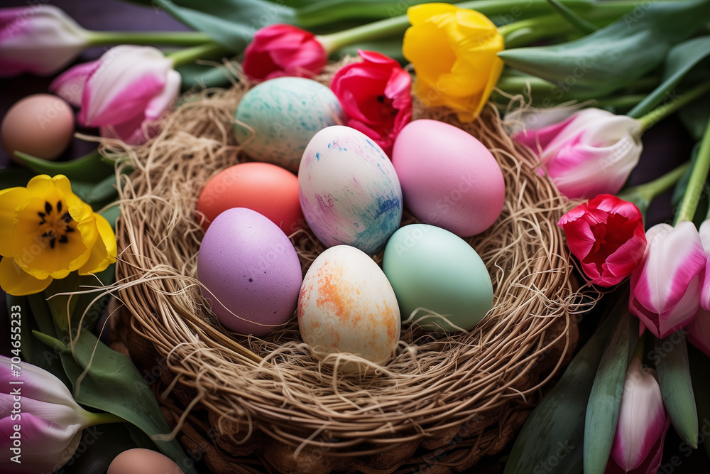 Beautiful colorful easter eggs in a nest surrounded by tulips Beautiful colorful easter eggs in a nest surrounded by tulips