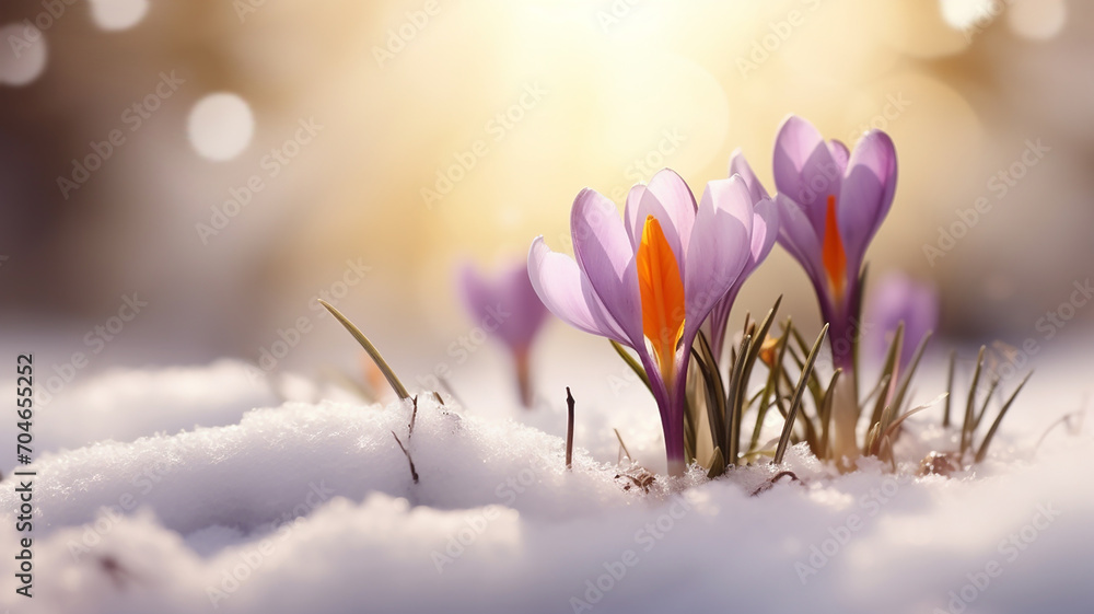 Purple Crocus spring flower growing in snow. Beautiful floral card with brilliant sparkling background. Generative AI - obrazy, fototapety, plakaty 