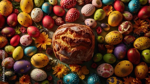  a loaf of bread sitting on top of a table surrounded by colorfully painted easter eggs and sunflowers.