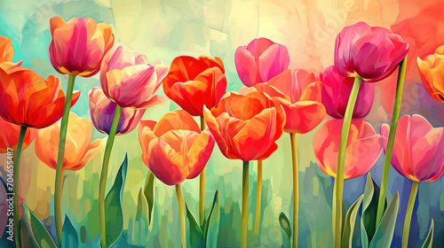 Beautiful colorful tulips in the garden as wallpaper background illustration in watercolor style