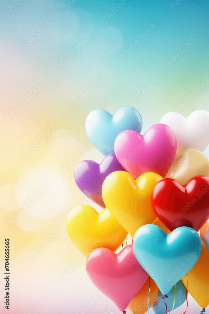 Colorful heart-shaped balloons on bokeh background with copy space.