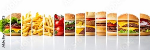 colorful collage of fast food products divided with vertical lines, bright white background