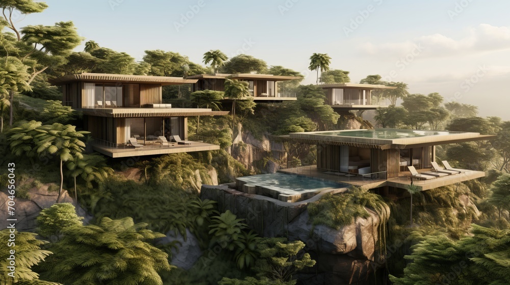 Collective villas in an island with forest and sea views and these villas integrate with the landscape comfortably, distant view of these collective villas mentioned in this island topography.