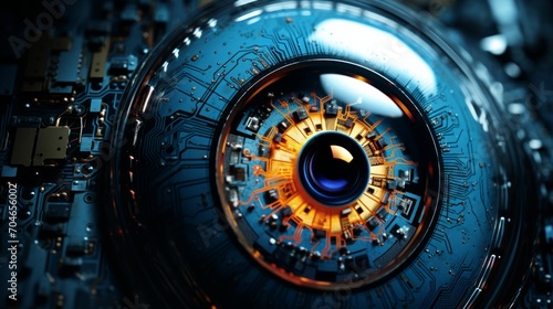 Close up of robot eye, Eyes with embedded technology chips.