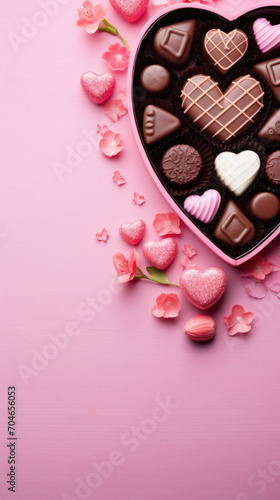 Chocolates in heart shaped box on pink background, copy space. © Synthetica