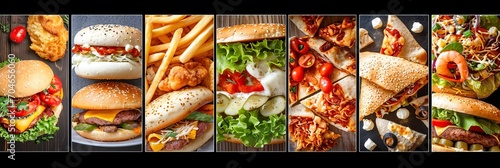 Fast food collage  divided with white vertical lines, 7  segments with bright white light photo