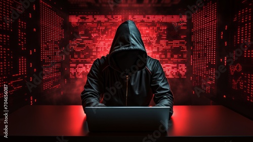 Hacker wear a hoodie using a laptop in the room overlay with source code hologram. the concept of cybersecurity. photo