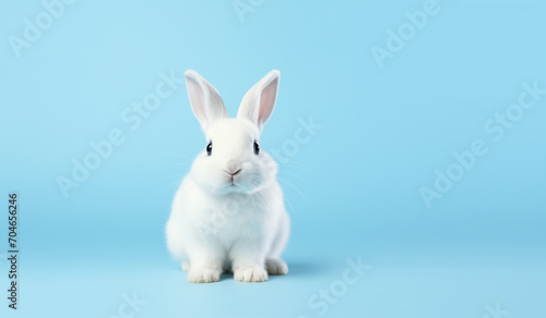 Cute white bunny isolated on a light blue background