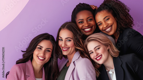 Women's Equality Day photoshoot, International Women's day photoshoot, group of diverse multiracial and multi ethnic female colleagues smiling photo