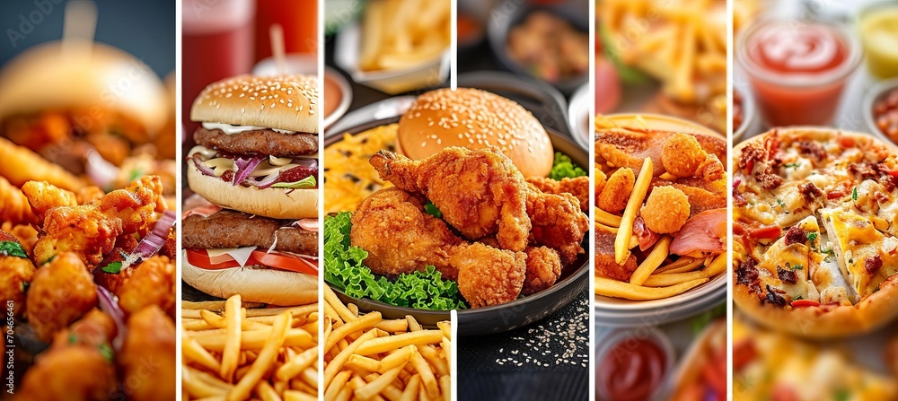 Delicious fast food collage with seven segments divided by bright white vertical lines - obrazy, fototapety, plakaty 