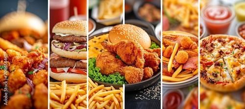 Delicious fast food collage with seven segments divided by bright white vertical lines photo