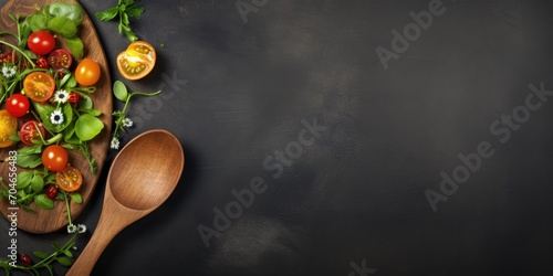 Vegetarian food concept with wooden spoon and dark background.