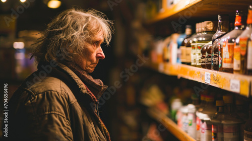 Unhealthy female alcoholic looking at shelves with liquor