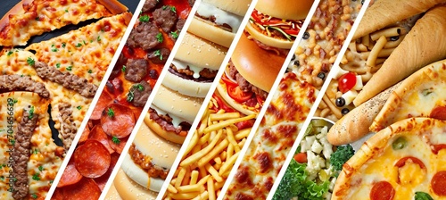 Colorful fast food collage, divided by white vertical lines, brightly lit in 7 segments