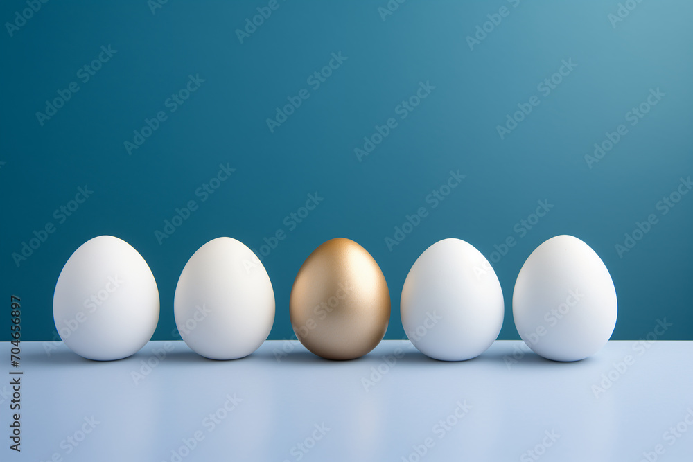 Four white eggs and one golden on a dark blue background Four white eggs and one golden on a dark blue background