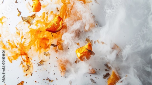  a close up of a bunch of oranges on a white surface with a lot of smoke coming out of it.