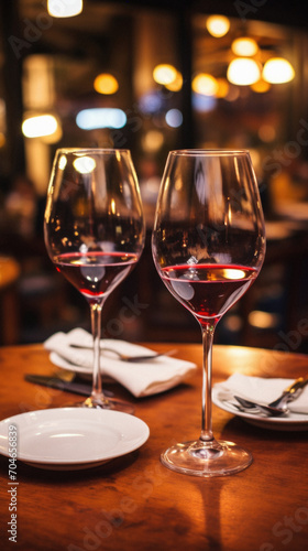 Two glasses of red wine on a table in a restaurant, shallow depth of field.