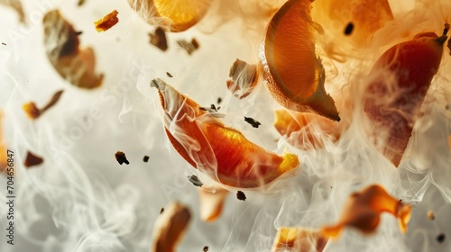  a bunch of oranges flying through the air with smoke coming out of them and on top of them are pieces of fruit.