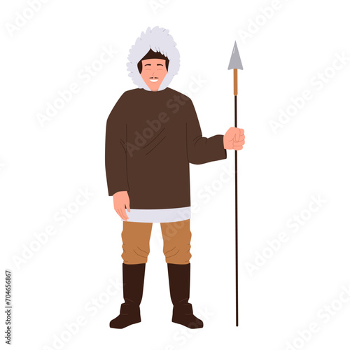 Mature eskimo man hunter cartoon character wearing traditional clothes holding native spear weapon