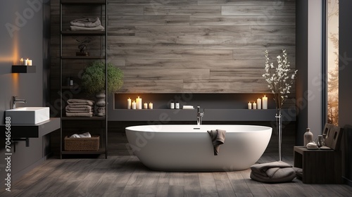 Bathroom interior with bathtub and natural elements