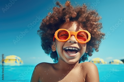 Curly-haired laughing child in orange sunglasses on a background of blue sky and sea.