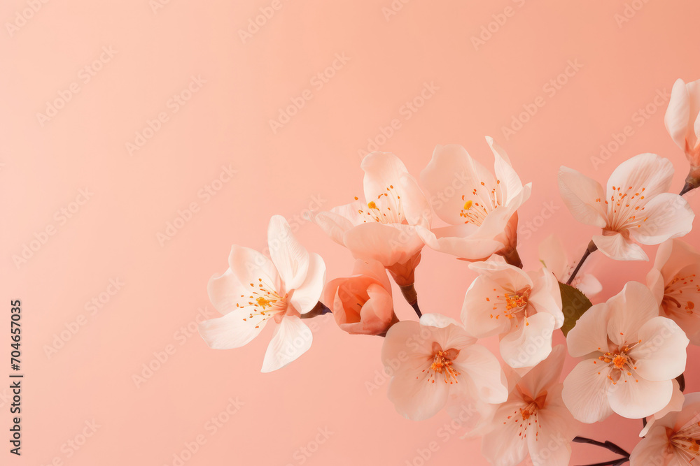 Spring first flowers close-up on a delicate background. Flat lay, mockup with copy space