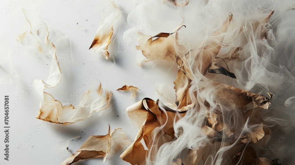  a close up of a bunch of leaves on a white surface with smoke coming out of the top of them.