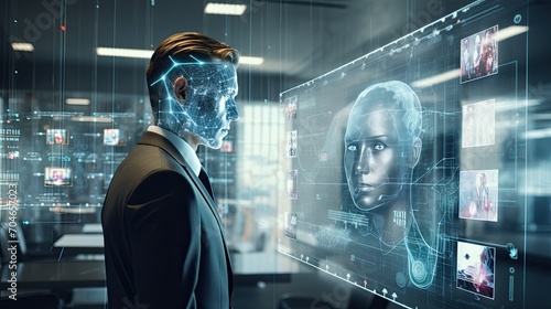 A business man with a touch-sensitive robot face communicates with a robot girl through a large touchscreen. AI training, digital, modern technologies