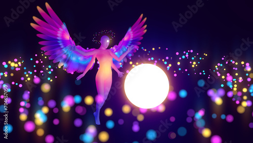 3d illustration of a divine angel among magic lights photo