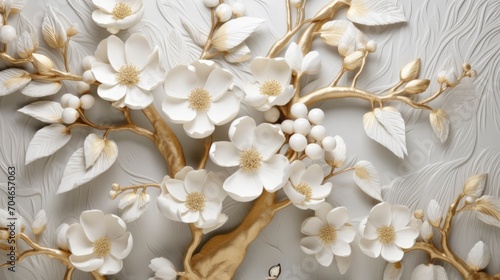 3d wallpaper floral tree with white flower leaves and golden stem © MdKamrul