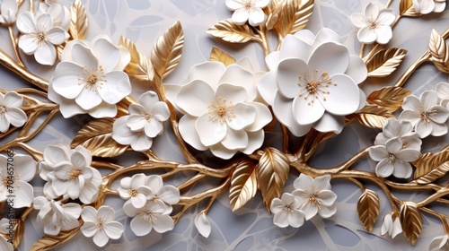 3d wallpaper floral tree with white flower leaves and golden stem