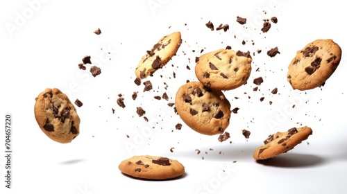 Falling broken chocolate chip cookies isolated on white background