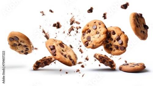 Falling broken chocolate chip cookies isolated on white background