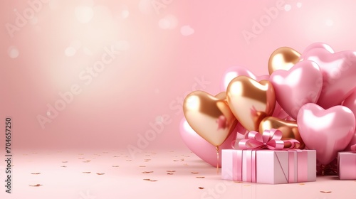 Happy valentines day banner. Pink and gold hearts foil balloons with gifts on pink Valentines Day background