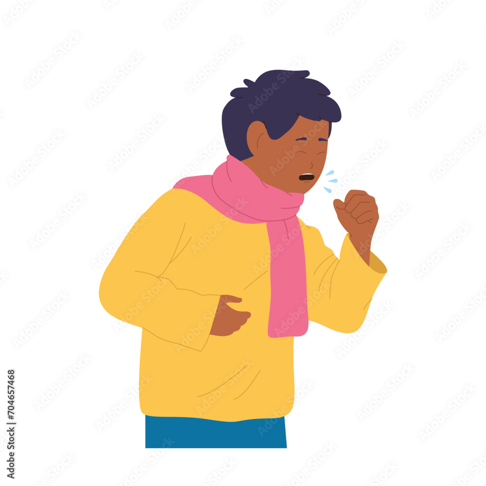 Boy child isolated cartoon character with scarf wrapped around neck suffering from strong cough