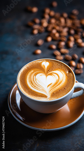 Cup of cappuccino with latte art on dark background.