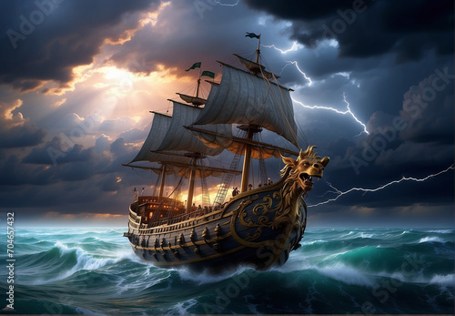 Old medieval ship, floating on waves on the ocean in a raging hurricane. photo