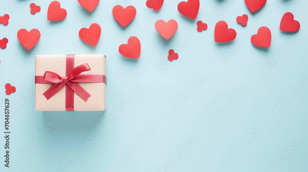 Valentine day minimalist festive pattern background from mixed red hearts on pastel blue table top view. Flat lay style