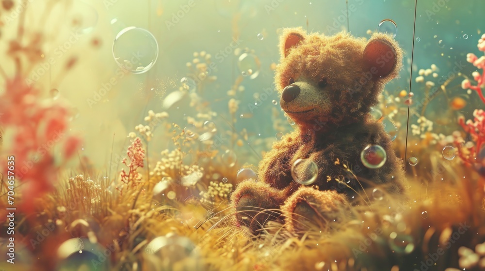 a teddy bear sitting in the middle of a field of grass and flowers with bubbles floating in it's eyes. a teddy bear sitting in the middle of a field of grass and flowers with bubbles floating in it's eyes.