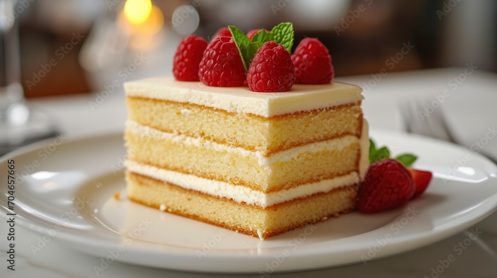 Fraisier cake is a French strawberry cake made from layers of genoise, mousseline cream and strawberries closeup on the plate on the table Fraisier cake is a French strawberry cake made from layers of genoise, mousseline cream and strawberries closeup on the plate on the table