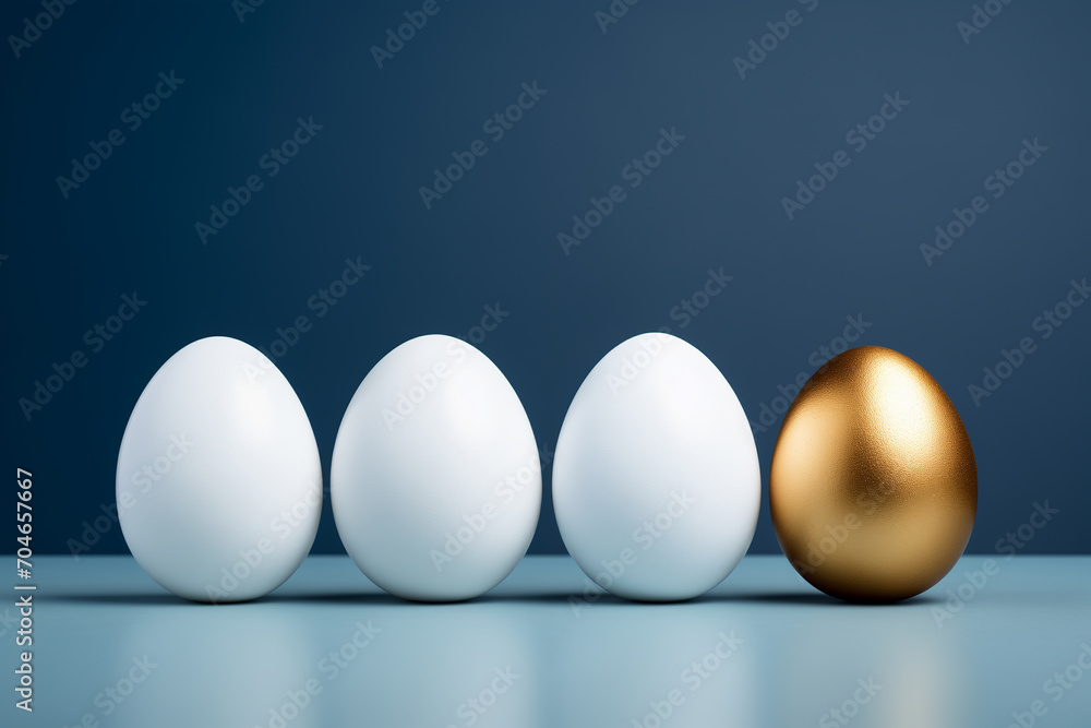 Three white eggs and one golden on a dark blue background Three white eggs and one golden on a dark blue background