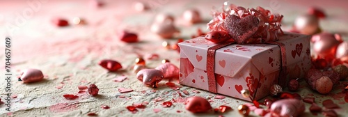 Pink gift box and festive hearts on a peach fuzz background. Valentine's Day, wedding or Birthday gift concept.